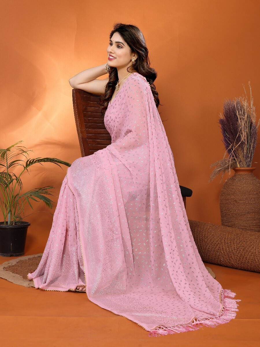 Rose Georgette Traditional Foil Work Zalar Lace Wedding Reception Party Festival Heavy Border Sarees