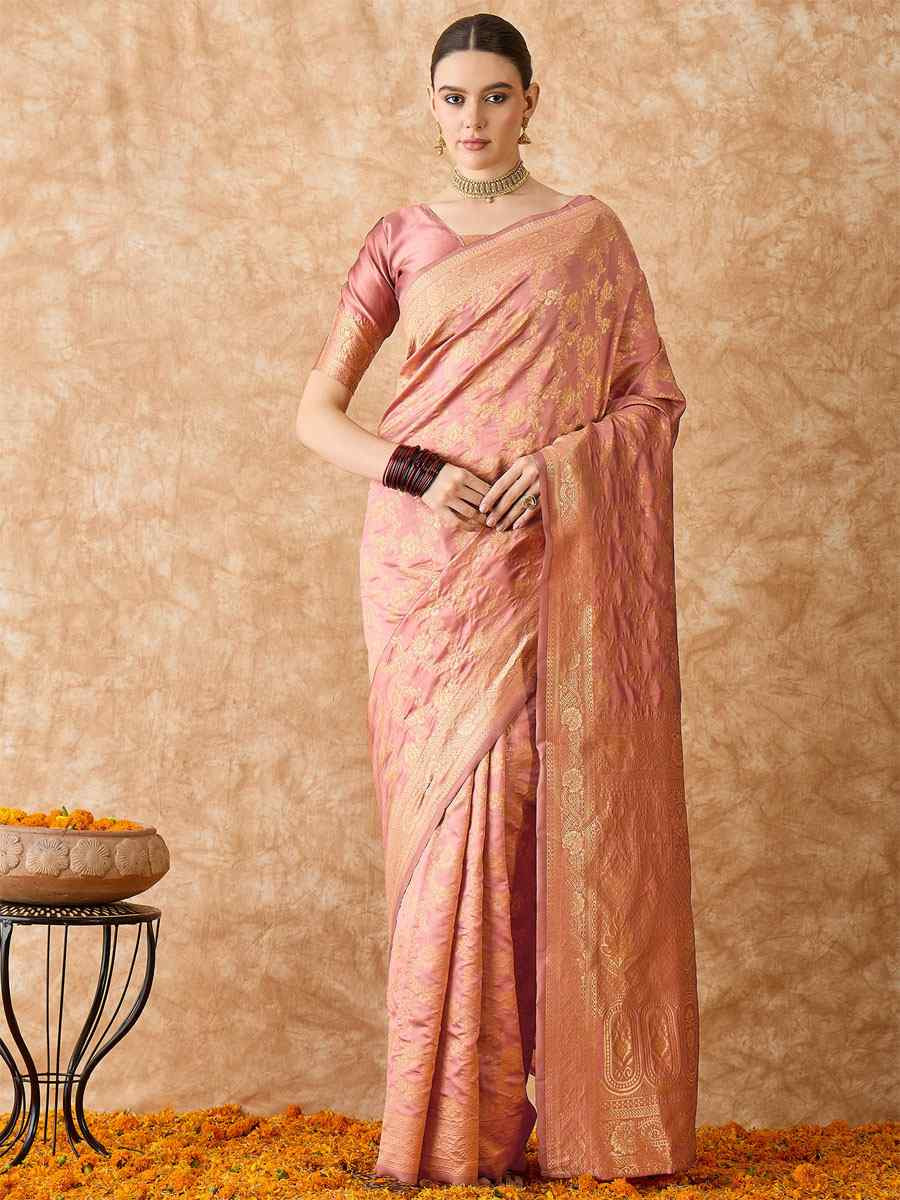 Rose Gold Banarasi Silk Handwoven Bridal Reception Festival Wedding Fancy Heavy Border Sarees