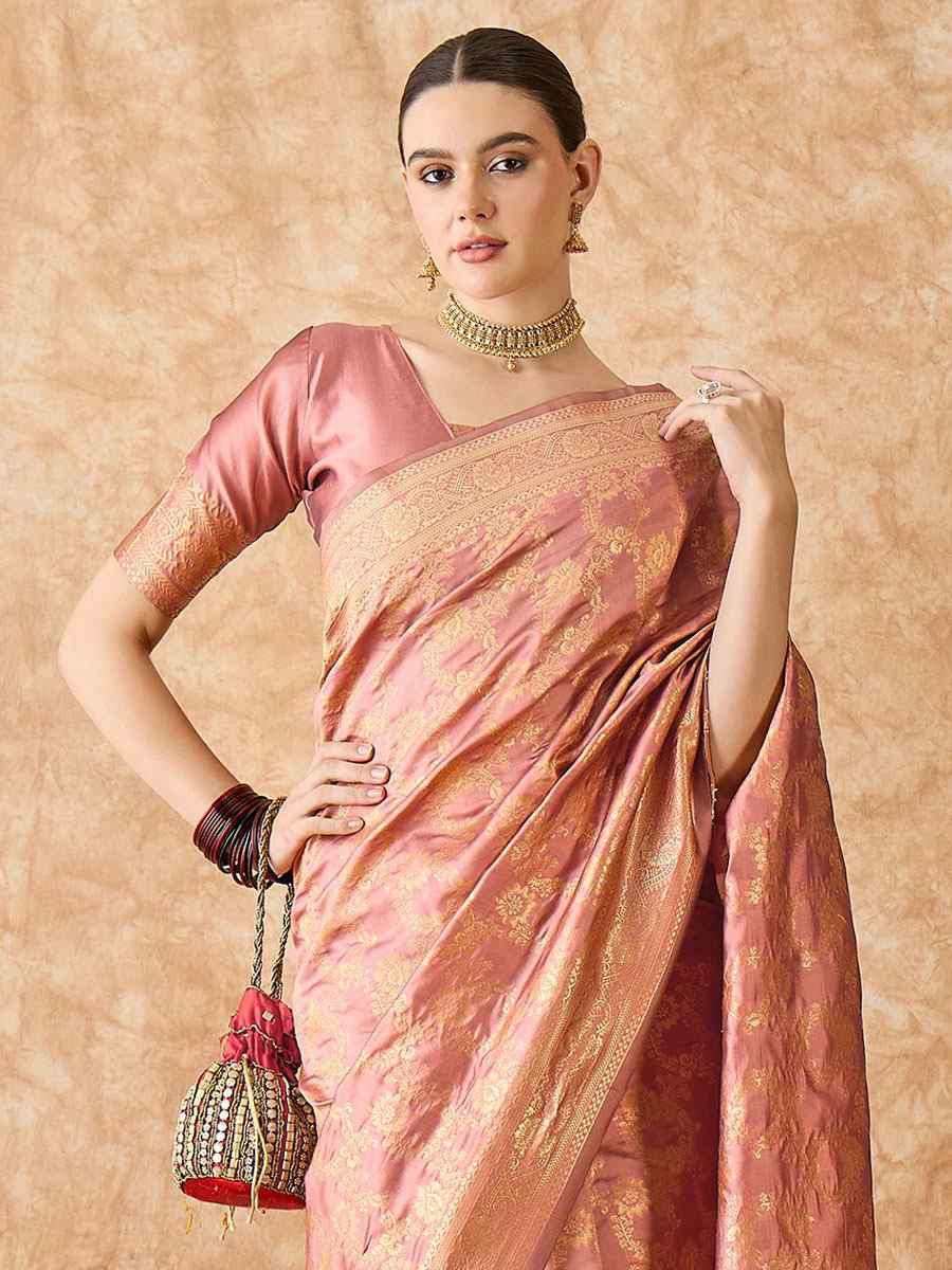 Rose Gold Banarasi Silk Handwoven Bridal Reception Festival Wedding Fancy Heavy Border Sarees