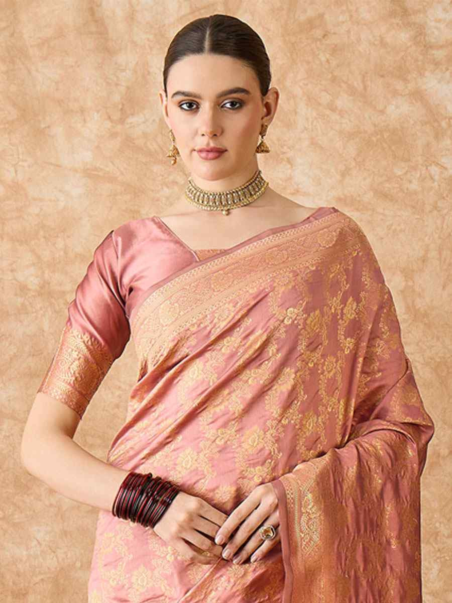 Rose Gold Banarasi Silk Handwoven Bridal Reception Festival Wedding Fancy Heavy Border Sarees