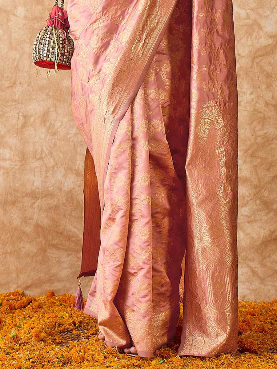 Rose Gold Banarasi Silk Handwoven Bridal Reception Festival Wedding Fancy Heavy Border Sarees