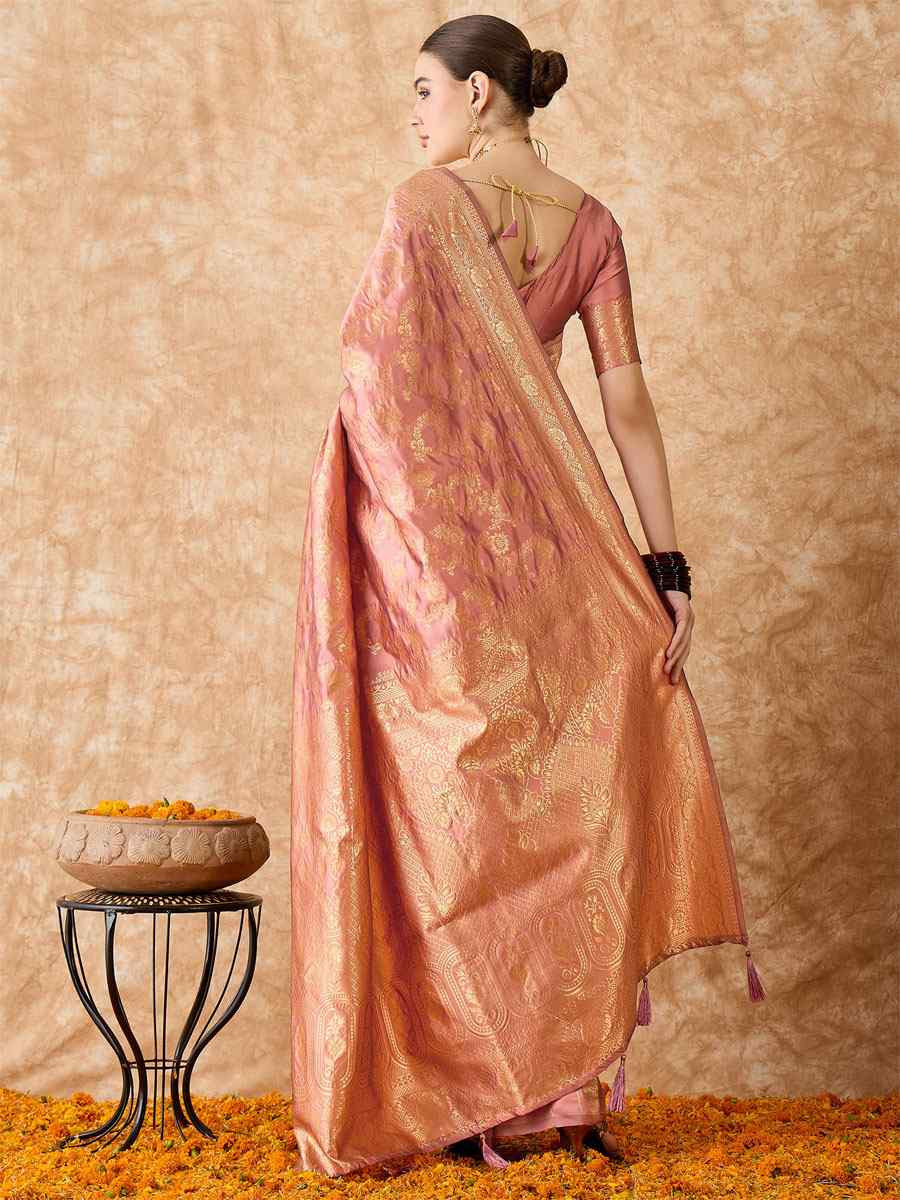 Rose Gold Banarasi Silk Handwoven Bridal Reception Festival Wedding Fancy Heavy Border Sarees