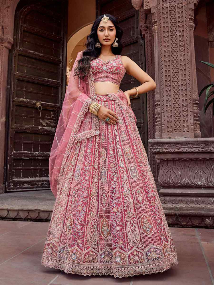 Image of Rose Gold Net Embroidered Wedding Reception Festival Heavy Border Lehenga Choli