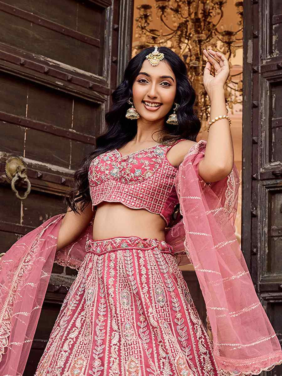 Rose Gold Net Embroidered Wedding Reception Festival Heavy Border Lehenga Choli
