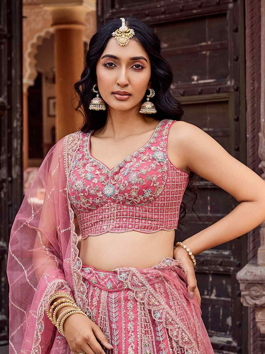 Rose Gold Net Embroidered Wedding Reception Festival Heavy Border Lehenga Choli