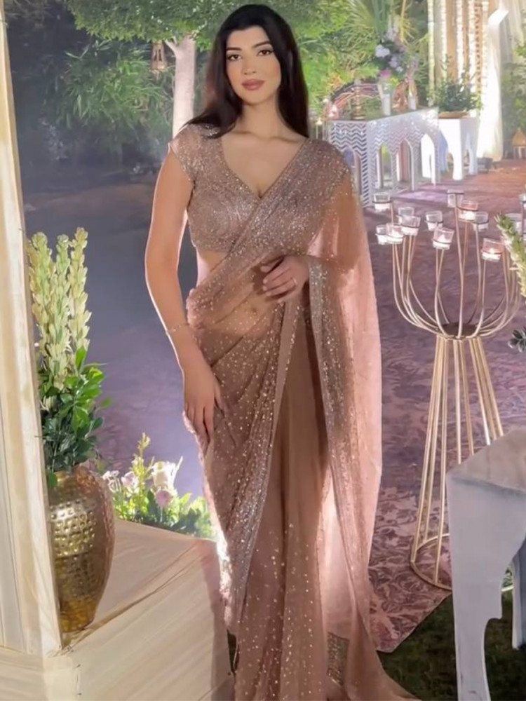 Image of Rose Gold Net Sequins Wedding Party Festival Cocktail Fancy Heavy Border Saree
