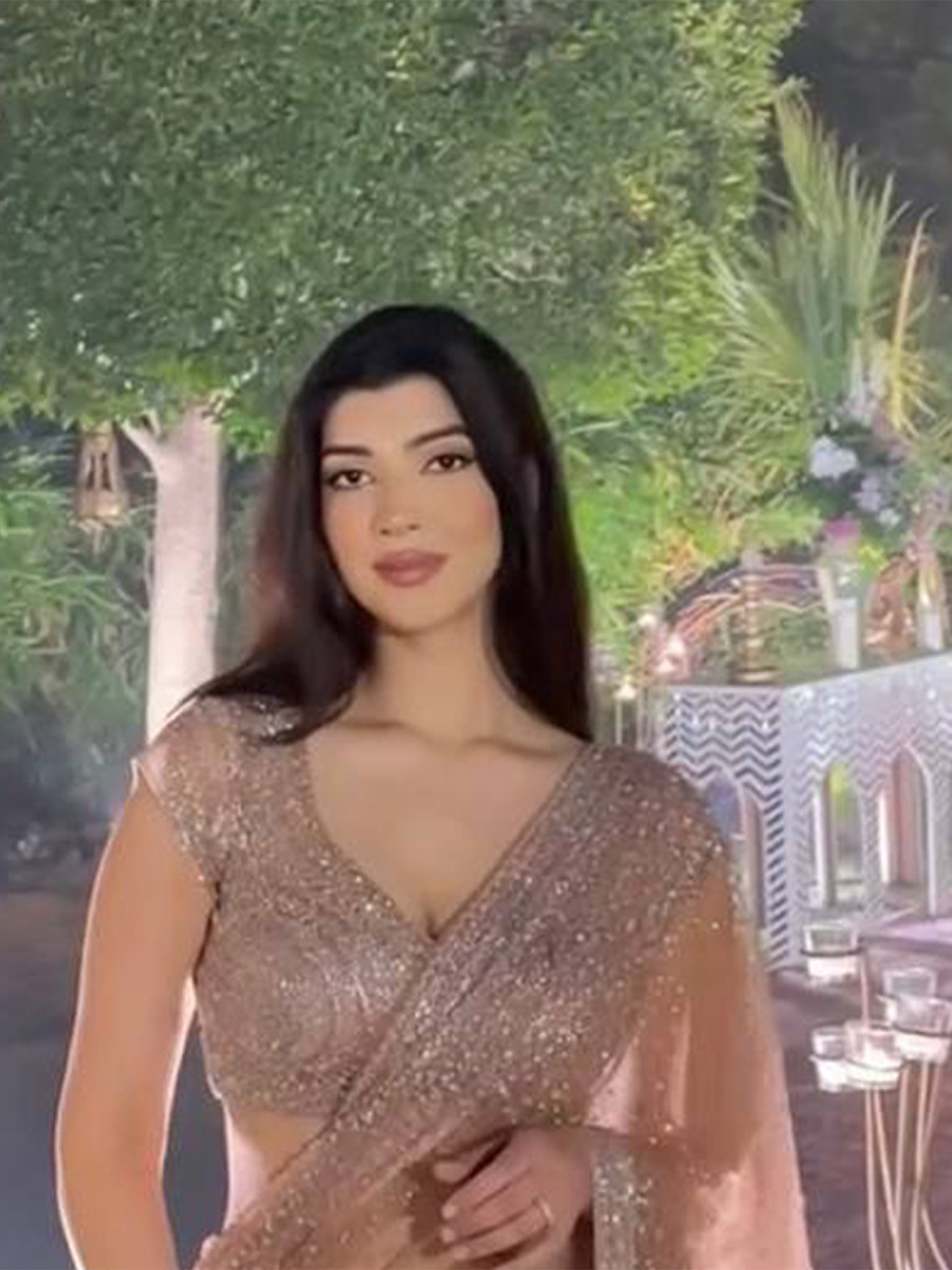 Rose Gold Net Sequins Wedding Party Festival Cocktail Fancy Heavy Border Saree