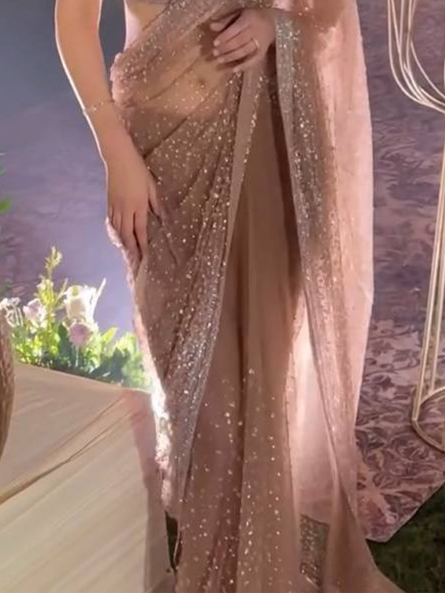Rose Gold Net Sequins Wedding Party Festival Cocktail Fancy Heavy Border Saree