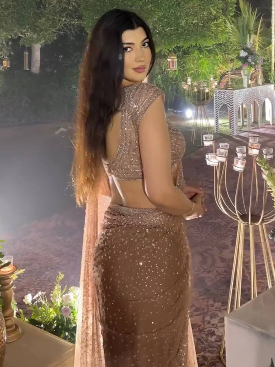 Rose Gold Net Sequins Wedding Party Festival Cocktail Fancy Heavy Border Saree