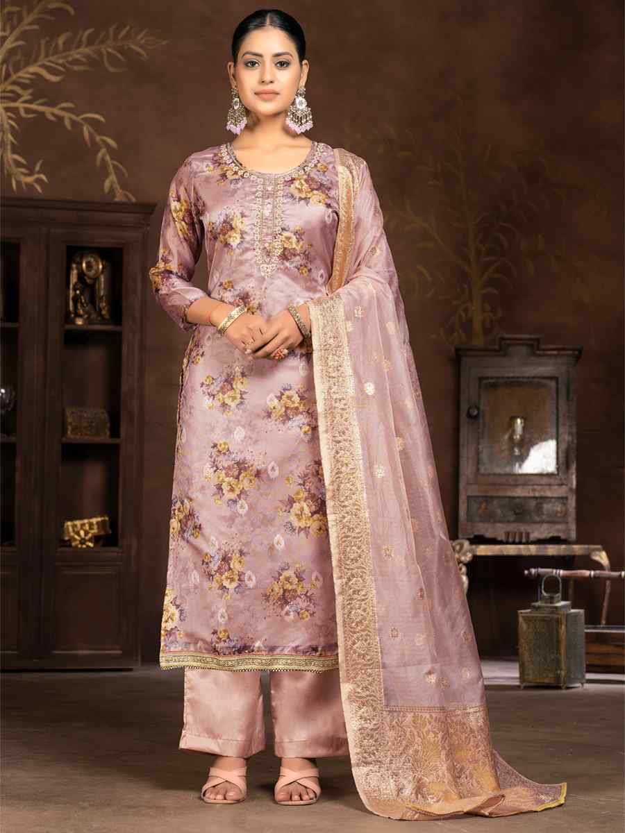 Rose Gold Organza Embroidered Casual Festival Pant Salwar Kameez