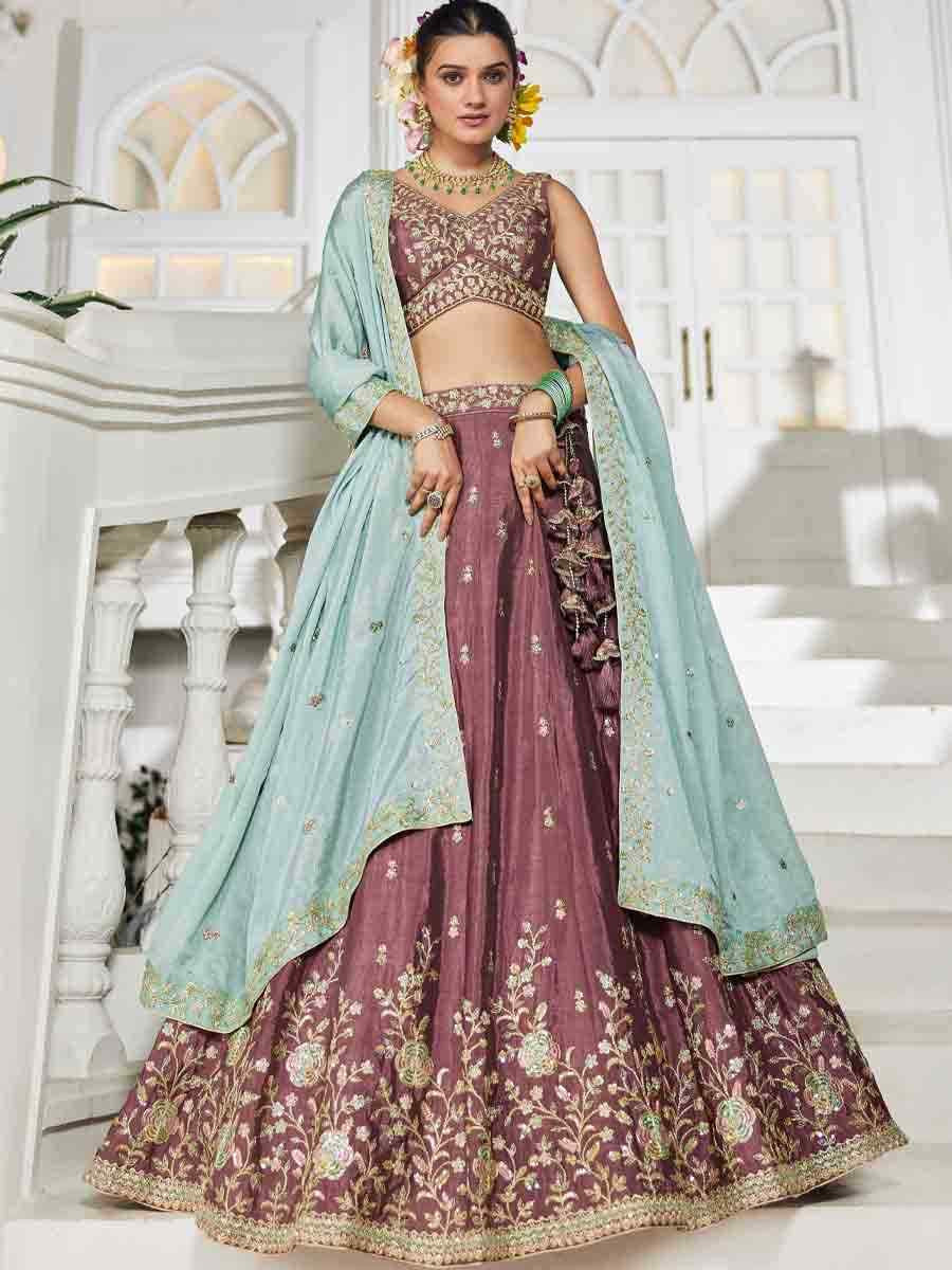 Rose Gold Poly Chiffon Embroidered Reception Wedding Heavy Border Lehenga Choli
