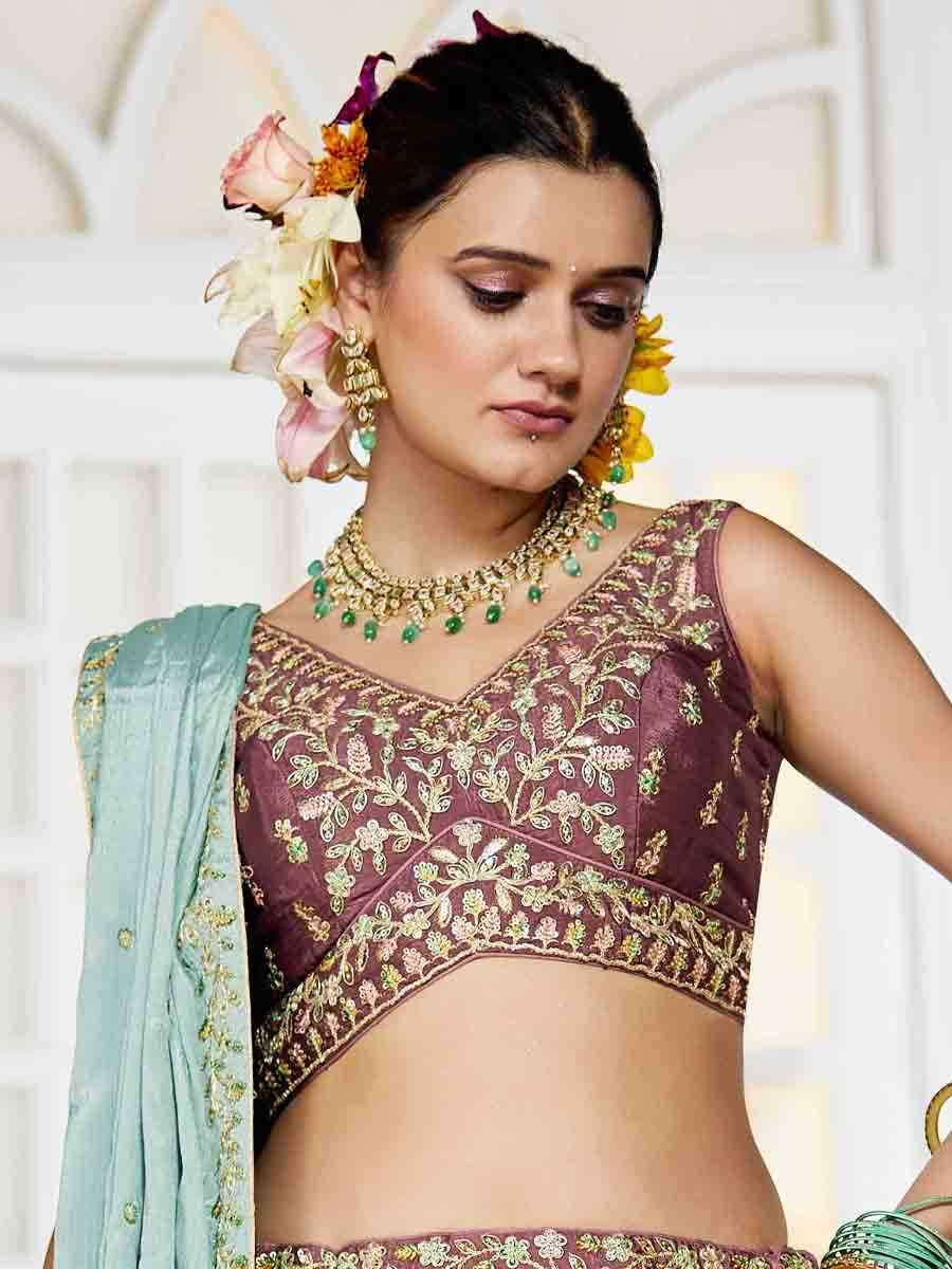 Rose Gold Poly Chiffon Embroidered Reception Wedding Heavy Border Lehenga Choli