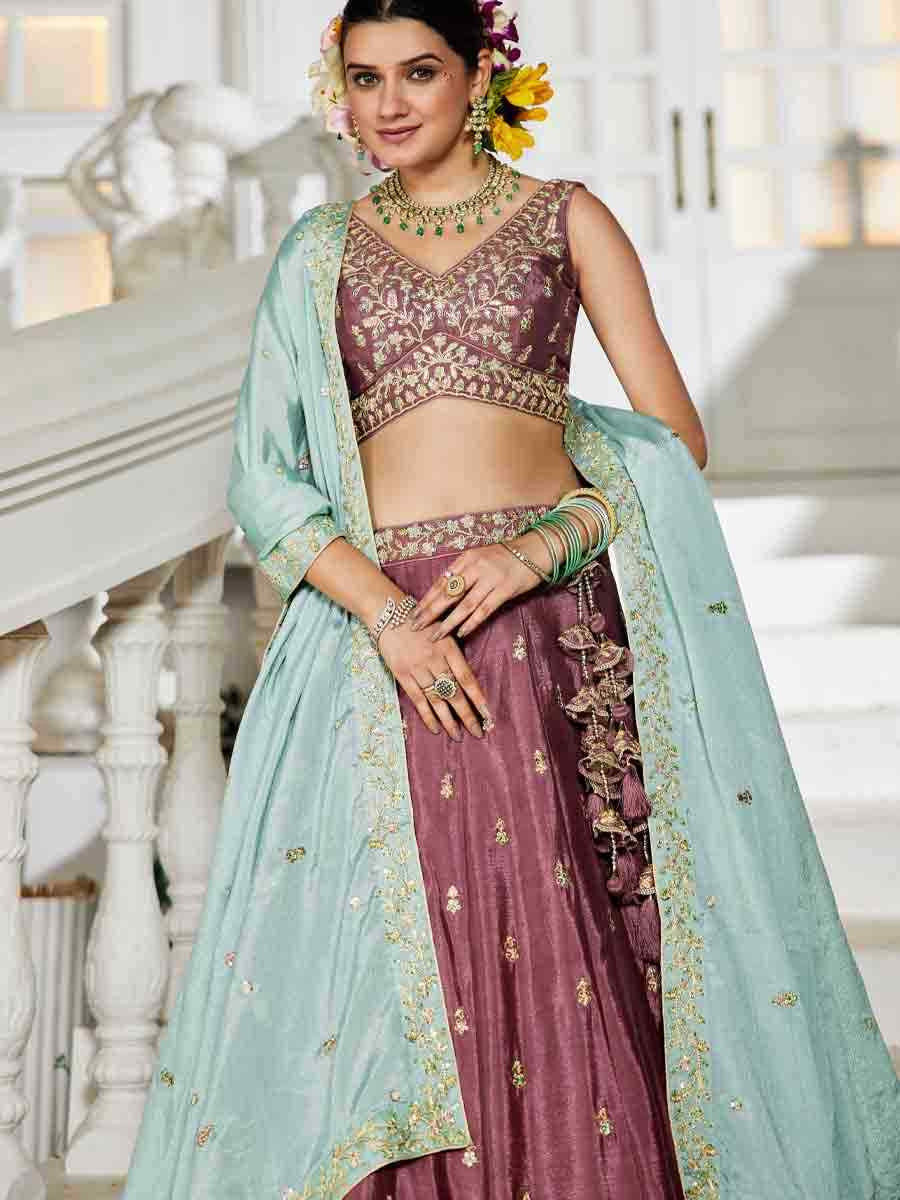 Rose Gold Poly Chiffon Embroidered Reception Wedding Heavy Border Lehenga Choli