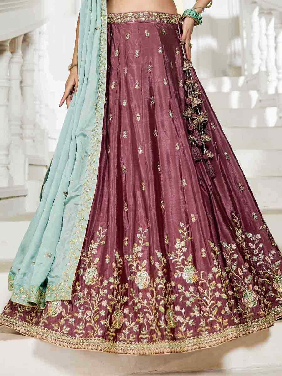 Rose Gold Poly Chiffon Embroidered Reception Wedding Heavy Border Lehenga Choli