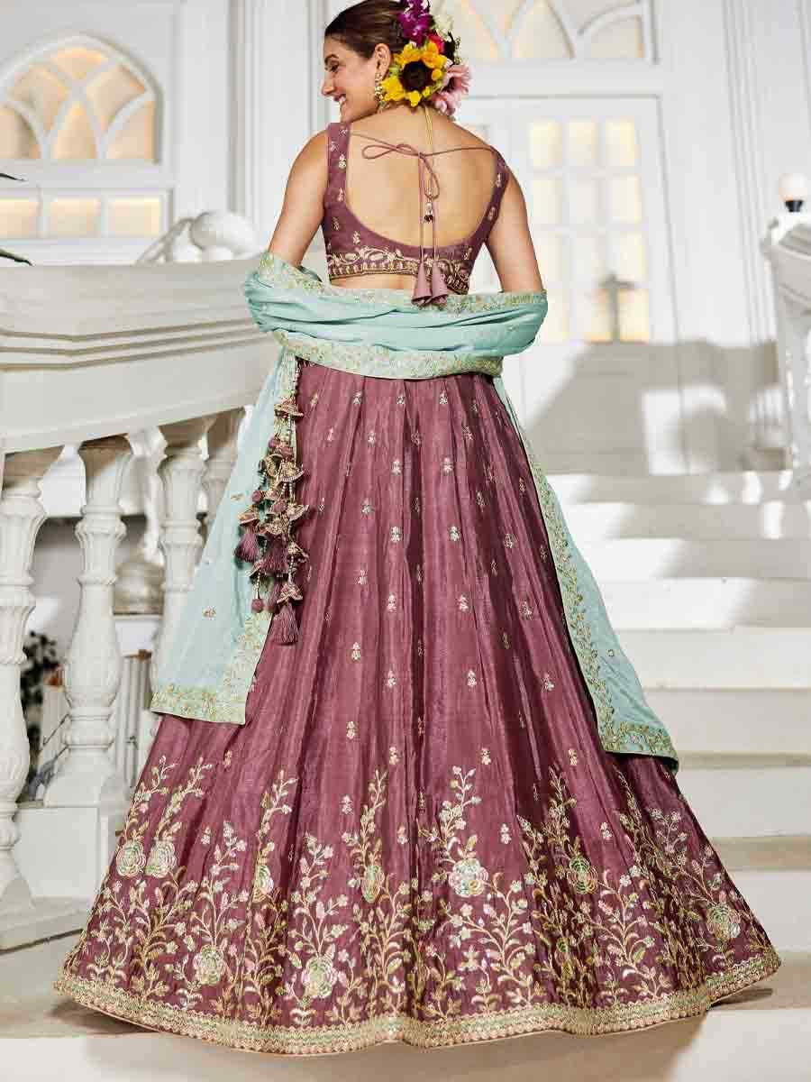 Rose Gold Poly Chiffon Embroidered Reception Wedding Heavy Border Lehenga Choli