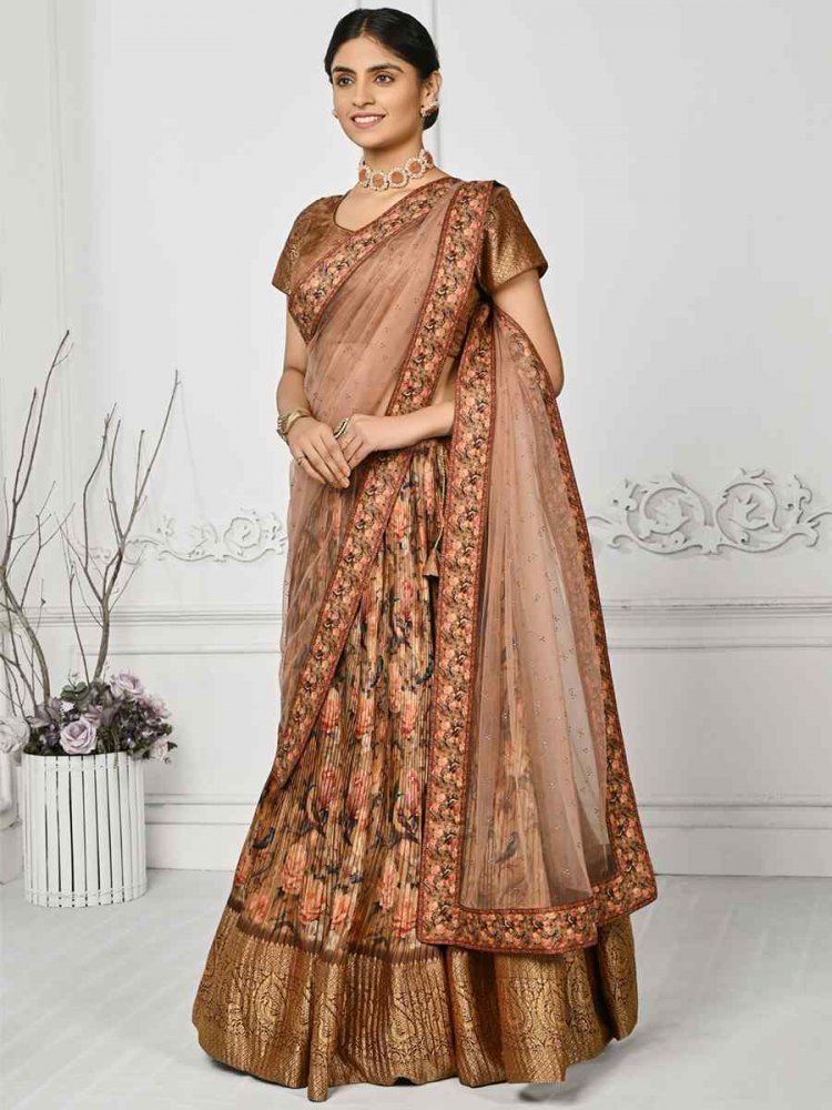 Rose Gold Pure Silk Embroidered Mehendi Festival Circular Lehenga Choli