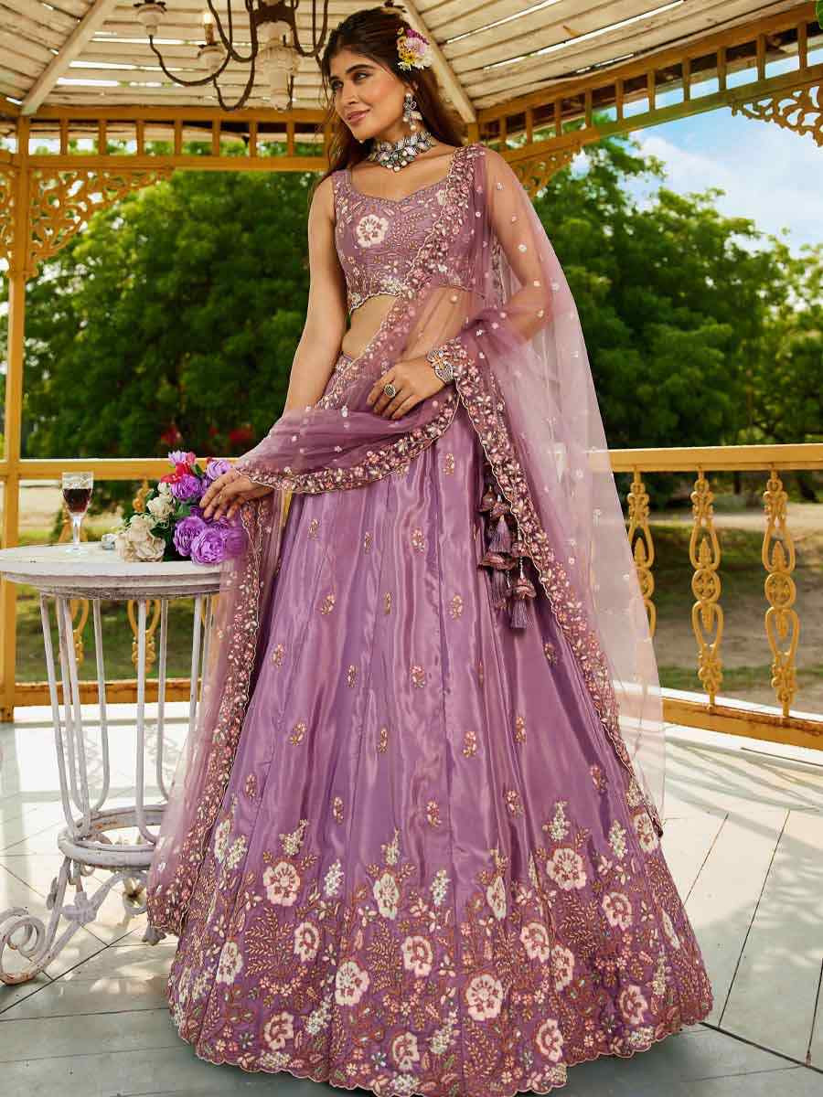 Rose Gold Satin Embroidered Reception Wedding Heavy Border Lehenga Choli