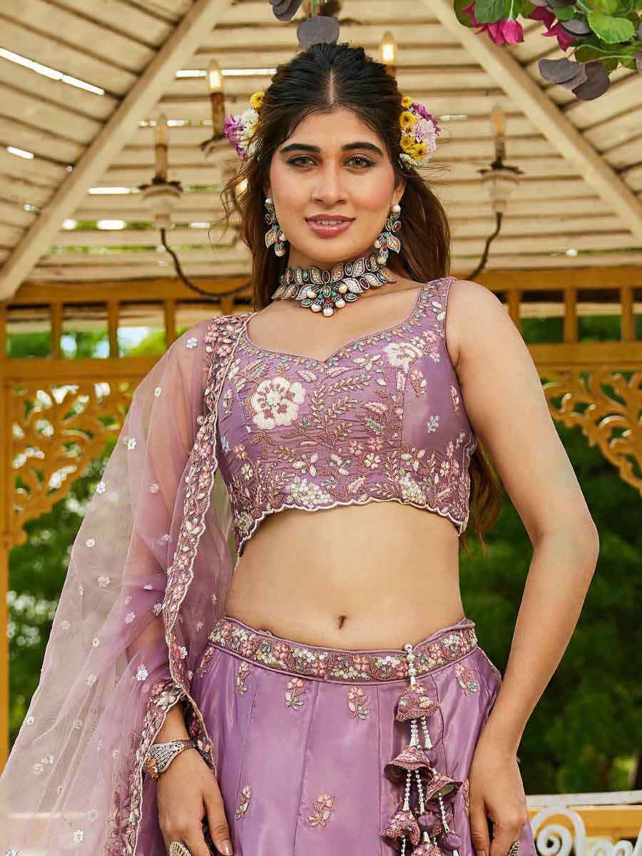 Rose Gold Satin Embroidered Reception Wedding Heavy Border Lehenga Choli