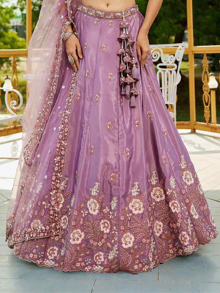 Rose Gold Satin Embroidered Reception Wedding Heavy Border Lehenga Choli