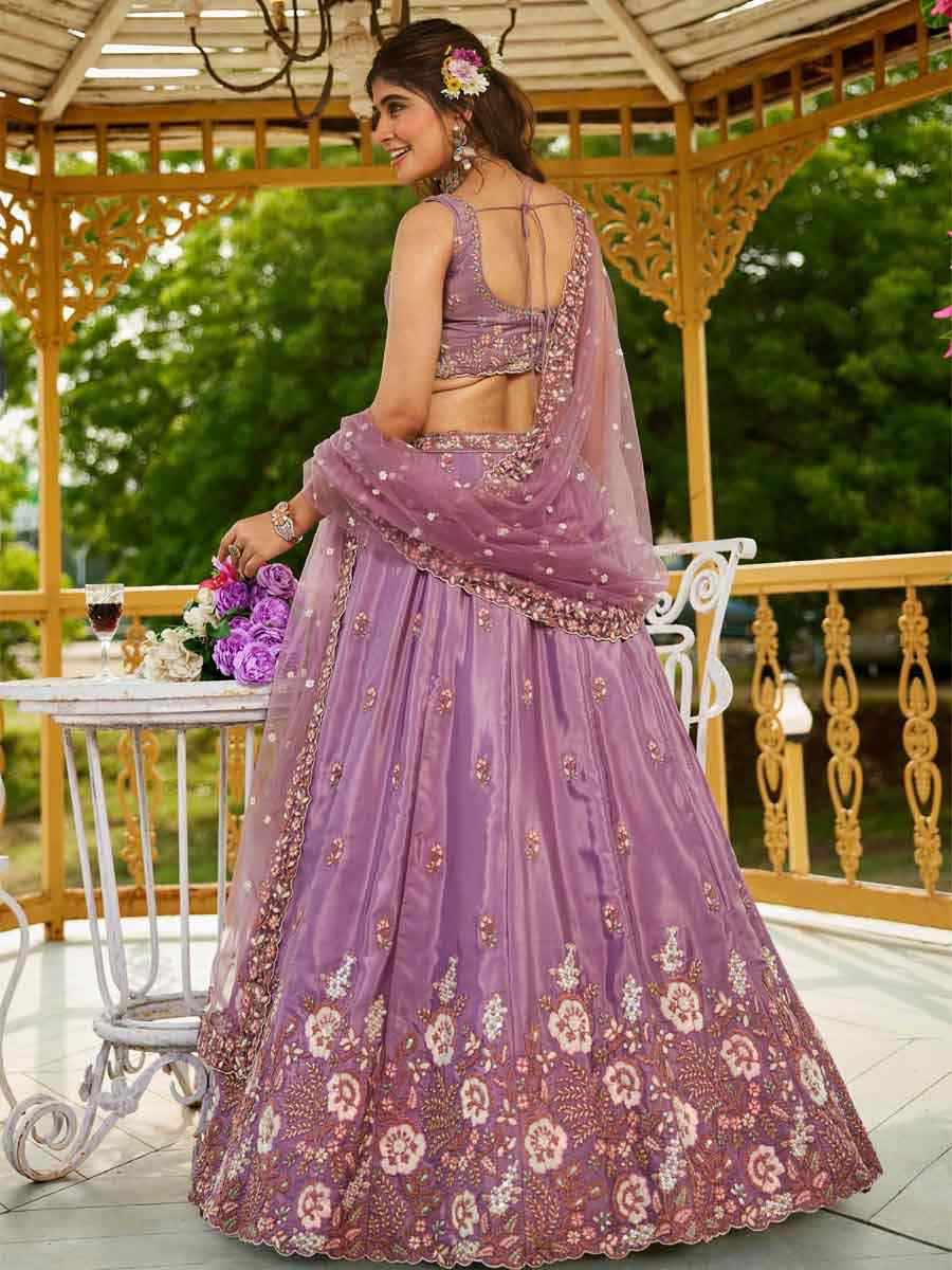 Rose Gold Satin Embroidered Reception Wedding Heavy Border Lehenga Choli