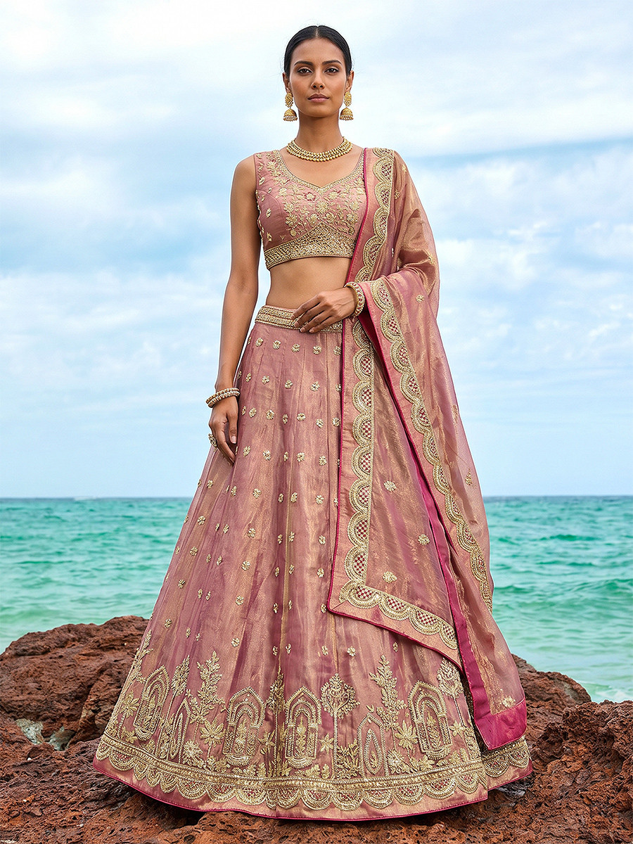 Rose Gold Tissue Embroidery Zari Sequins Wedding Reception Party Wear Festival Heavy Border Lehenga Choli