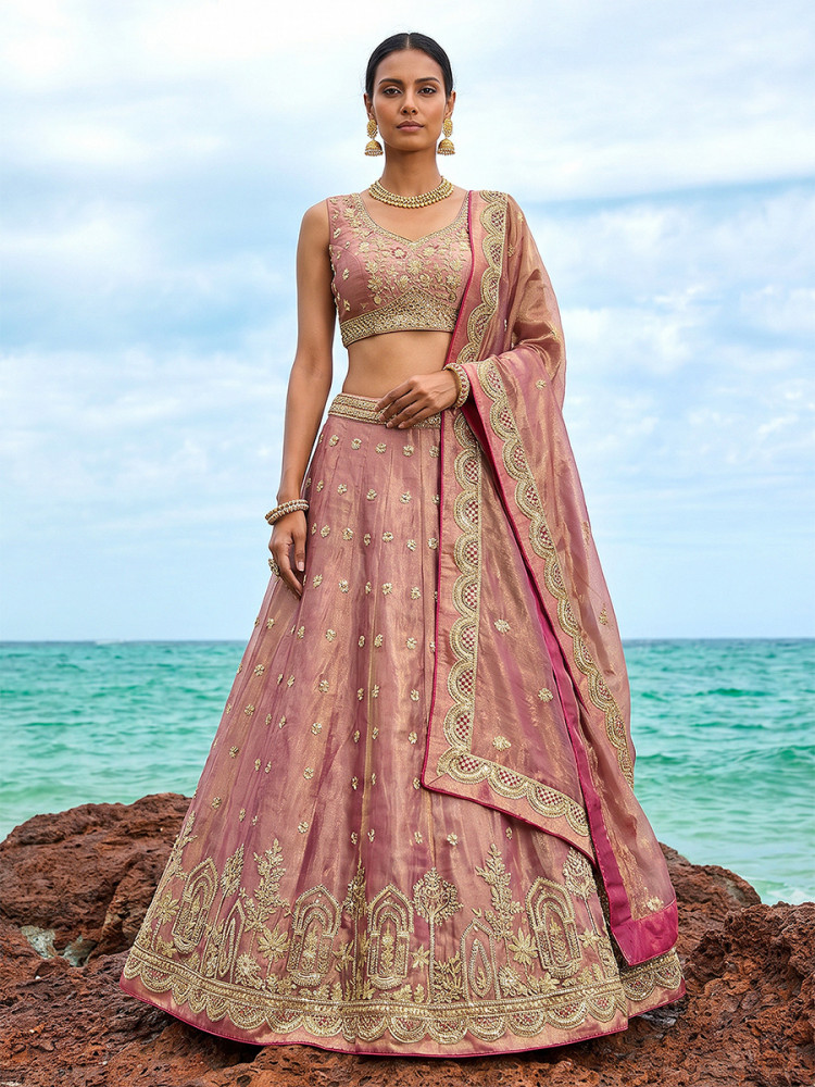 Image of Rose Gold Tissue Embroidery Zari Sequins Wedding Reception Party Wear Festival Heavy Border Lehenga Choli