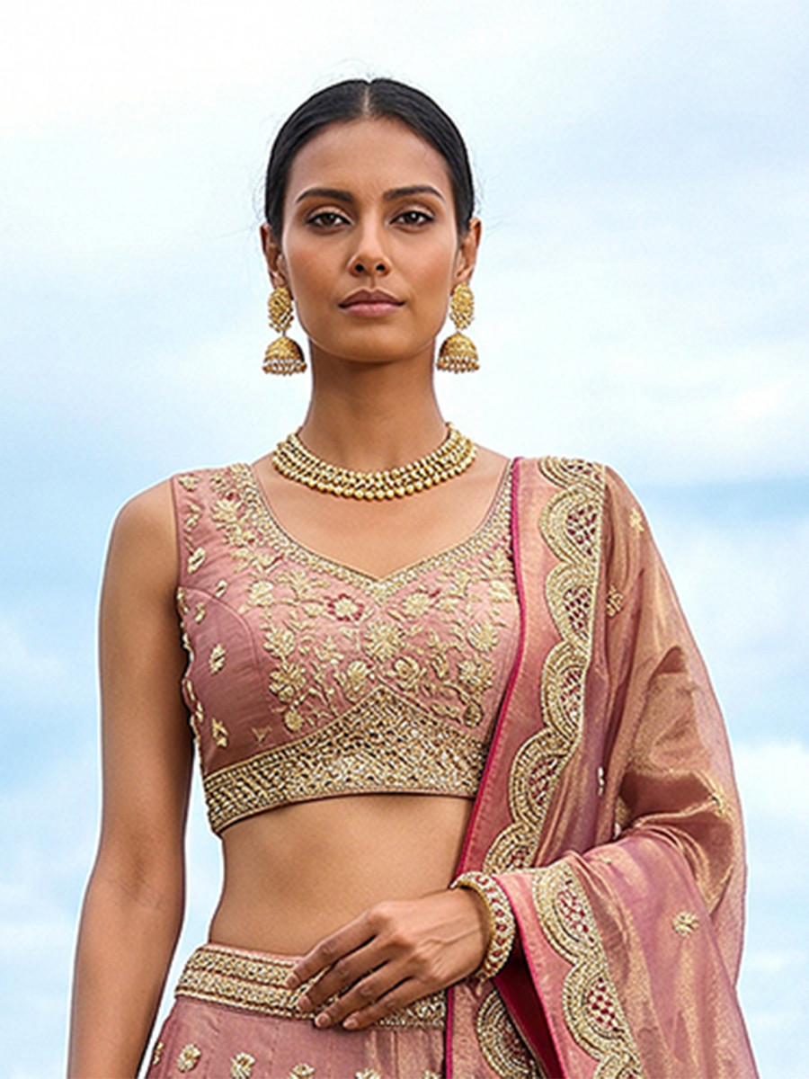 Rose Gold Tissue Embroidery Zari Sequins Wedding Reception Party Wear Festival Heavy Border Lehenga Choli