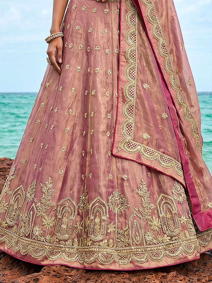 Rose Gold Tissue Embroidery Zari Sequins Wedding Reception Party Wear Festival Heavy Border Lehenga Choli