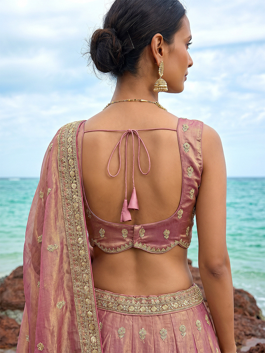 Rose Gold Tissue Embroidery Zari Sequins Wedding Reception Party Wear Festival Heavy Border Lehenga Choli