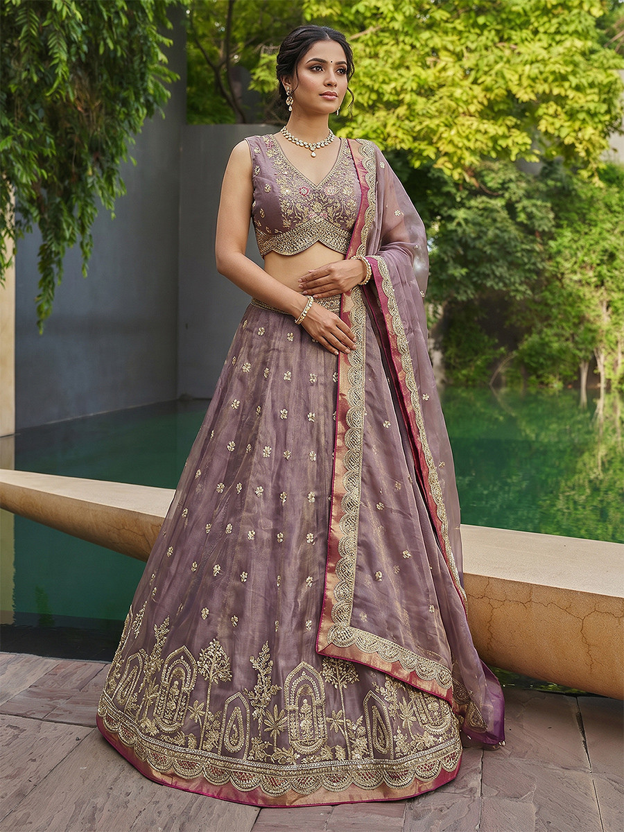 Rose Gold Tissue Embroidery Zari Sequins Wedding Reception Party Wear Festival Heavy Border Lehenga Choli