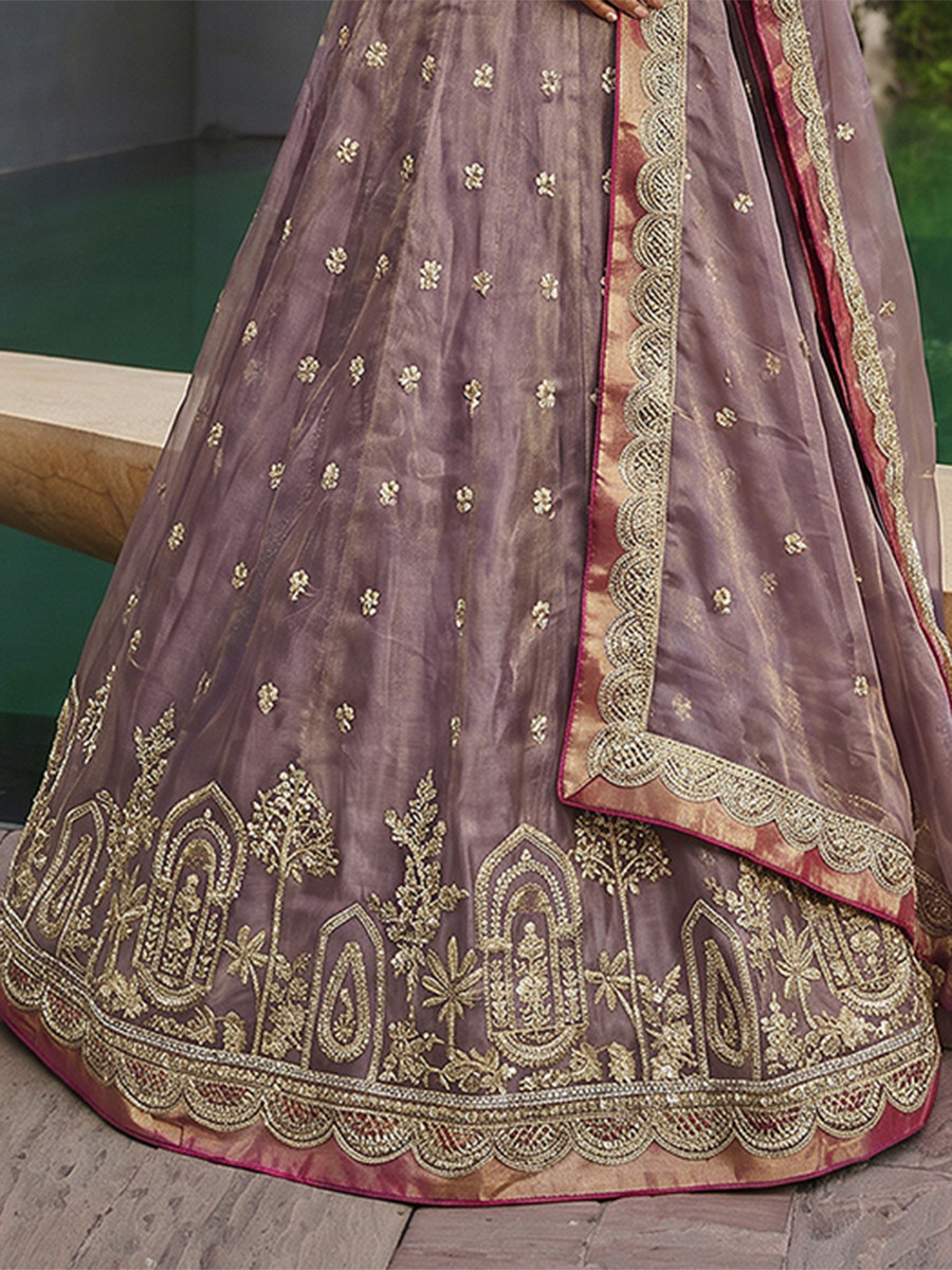 Rose Gold Tissue Embroidery Zari Sequins Wedding Reception Party Wear Festival Heavy Border Lehenga Choli