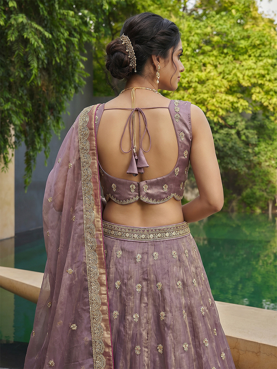 Rose Gold Tissue Embroidery Zari Sequins Wedding Reception Party Wear Festival Heavy Border Lehenga Choli