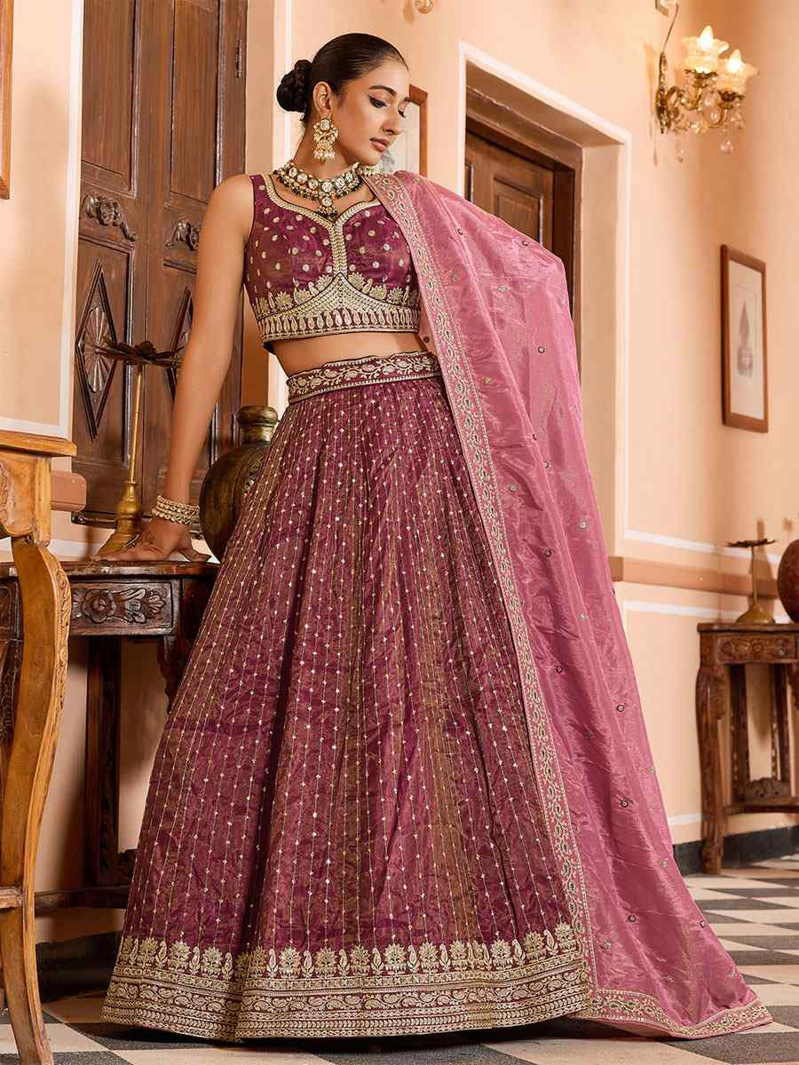 Rose Gold Tissue Silk Embroidered Wedding Reception Festival Heavy Border Lehenga Choli