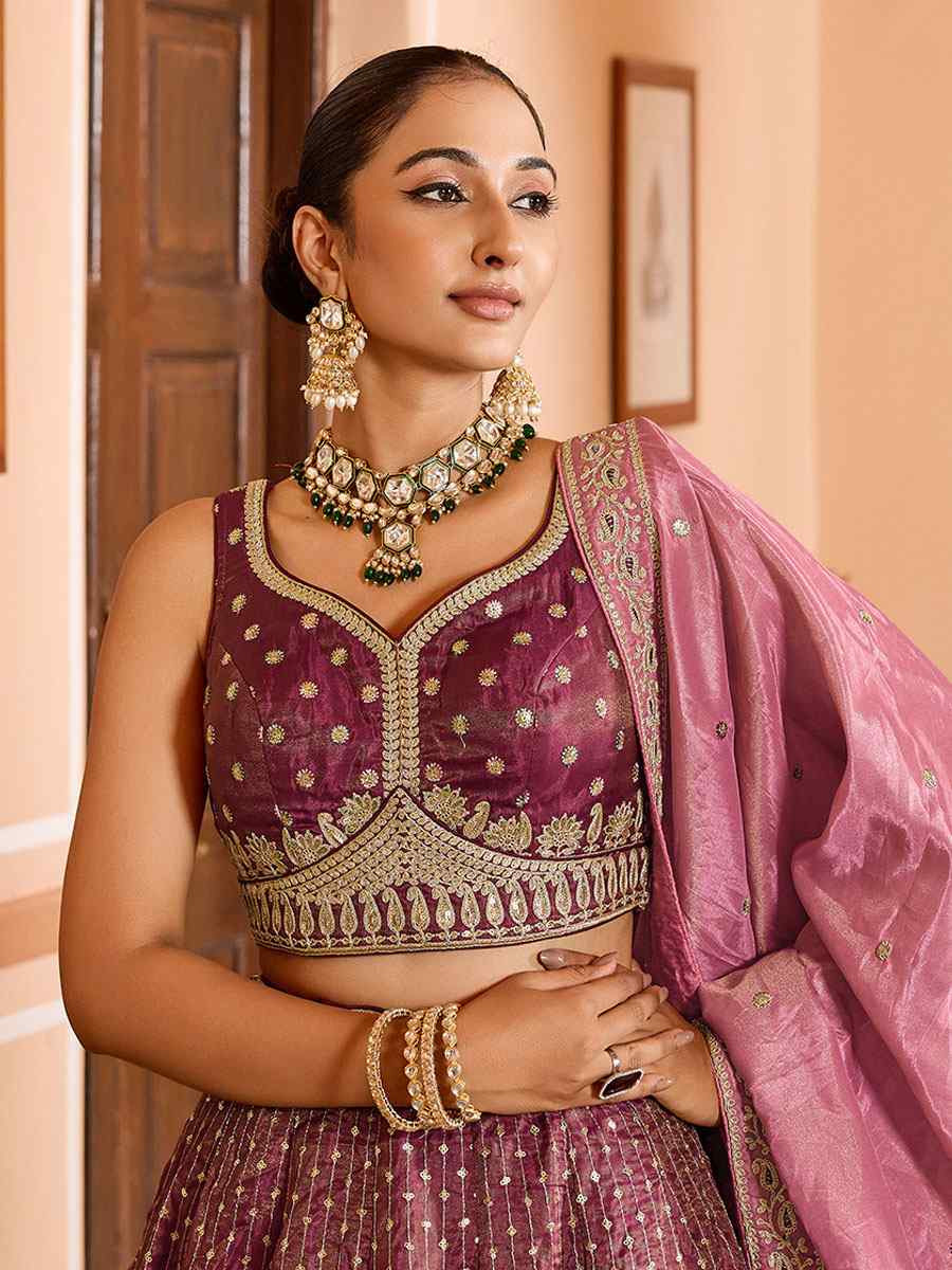 Rose Gold Tissue Silk Embroidered Wedding Reception Festival Heavy Border Lehenga Choli
