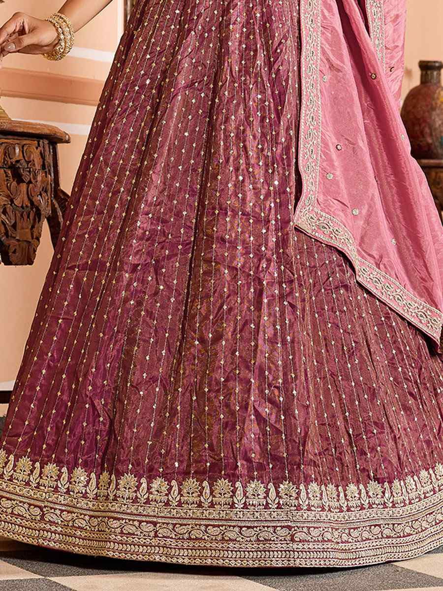 Rose Gold Tissue Silk Embroidered Wedding Reception Festival Heavy Border Lehenga Choli