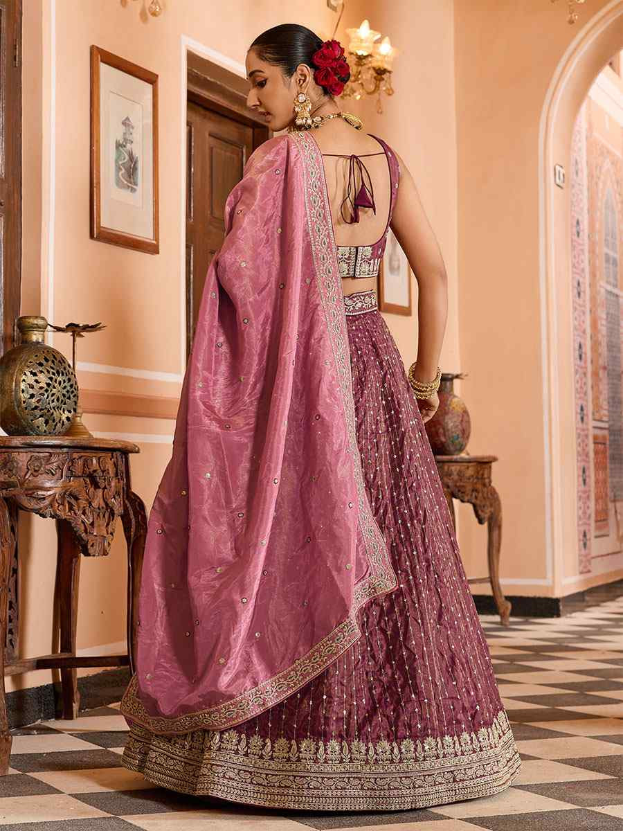 Rose Gold Tissue Silk Embroidered Wedding Reception Festival Heavy Border Lehenga Choli