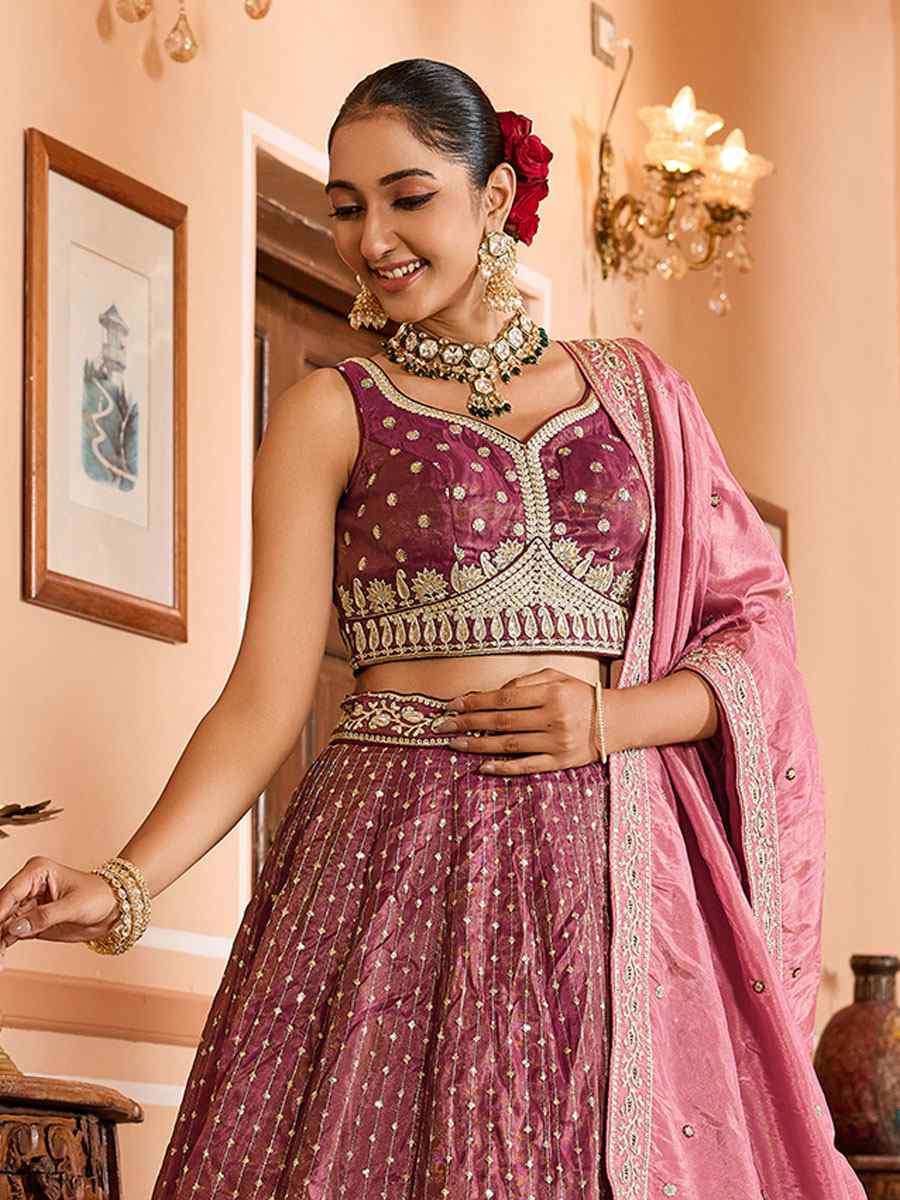 Rose Gold Tissue Silk Embroidered Wedding Reception Festival Heavy Border Lehenga Choli