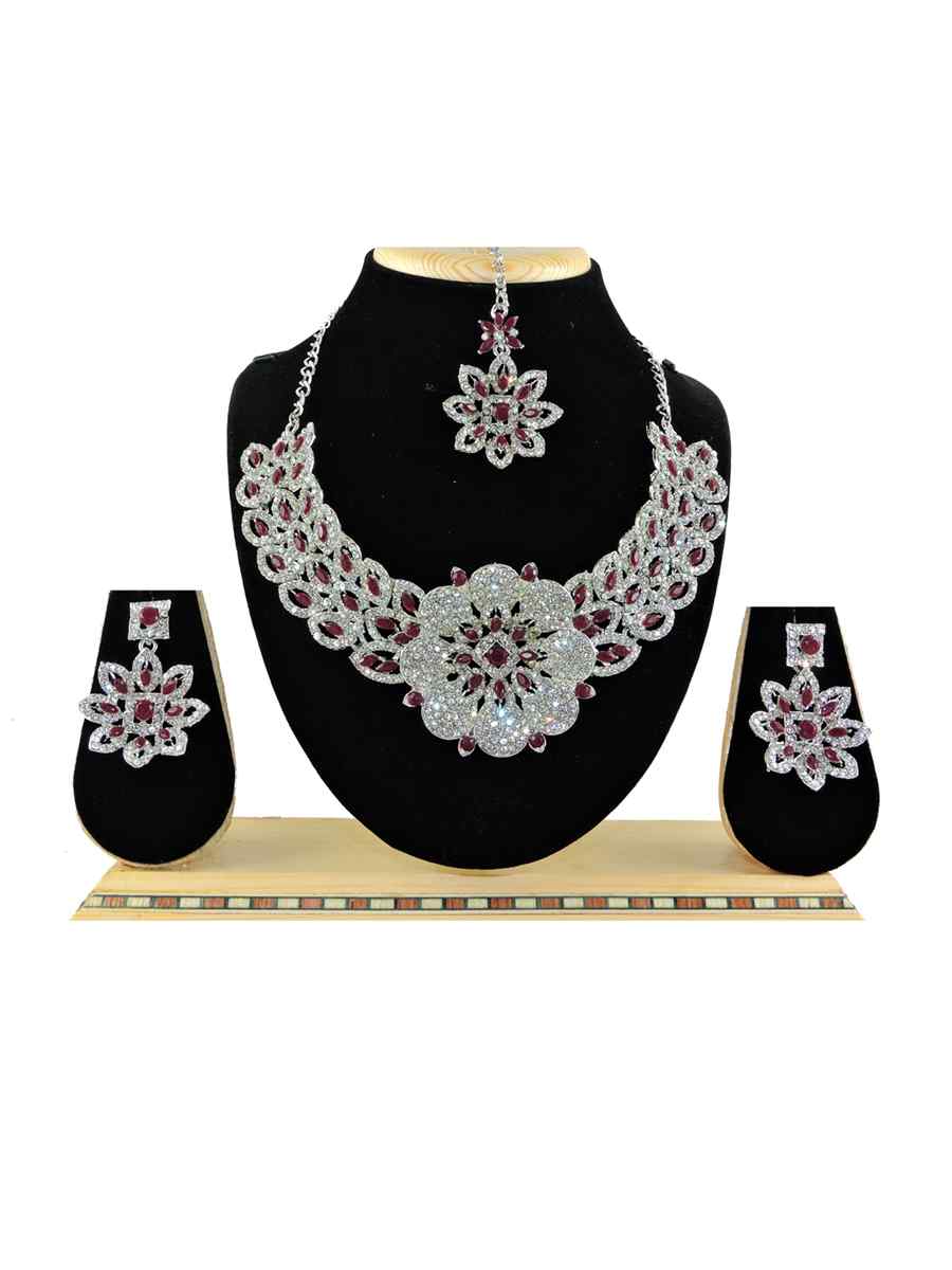 Rose Maroon Alloy Festival Wear Diamonds Necklace