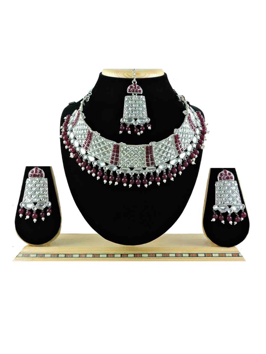 Rose Maroon Alloy Festival Wear Diamonds Necklace