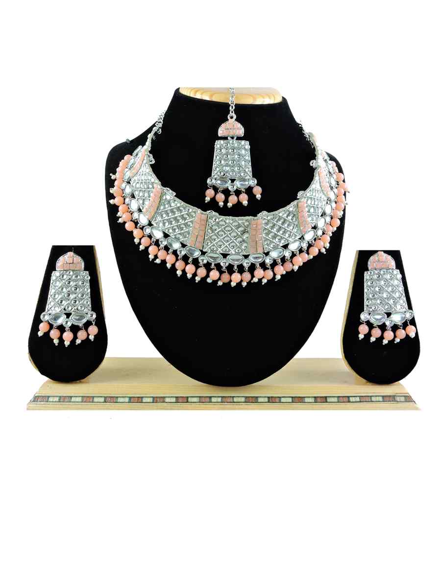 Rose Peach Alloy Festival Wear Diamonds Necklace