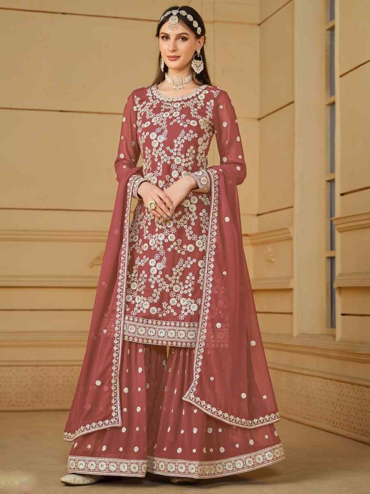 Rose Peach Faux Georgette Embroidered Festival Wedding Palazzo Pant Salwar Kameez