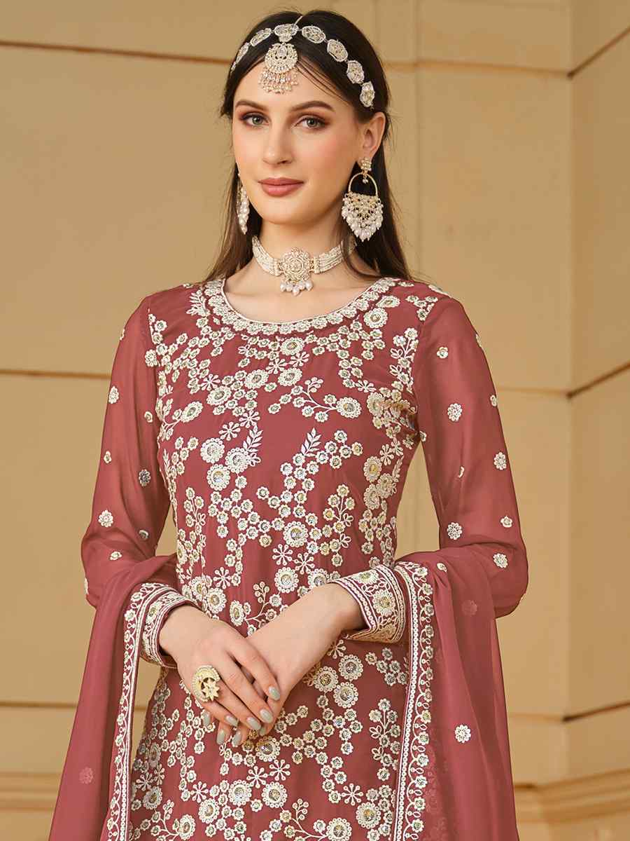 Rose Peach Faux Georgette Embroidered Festival Wedding Palazzo Pant Salwar Kameez