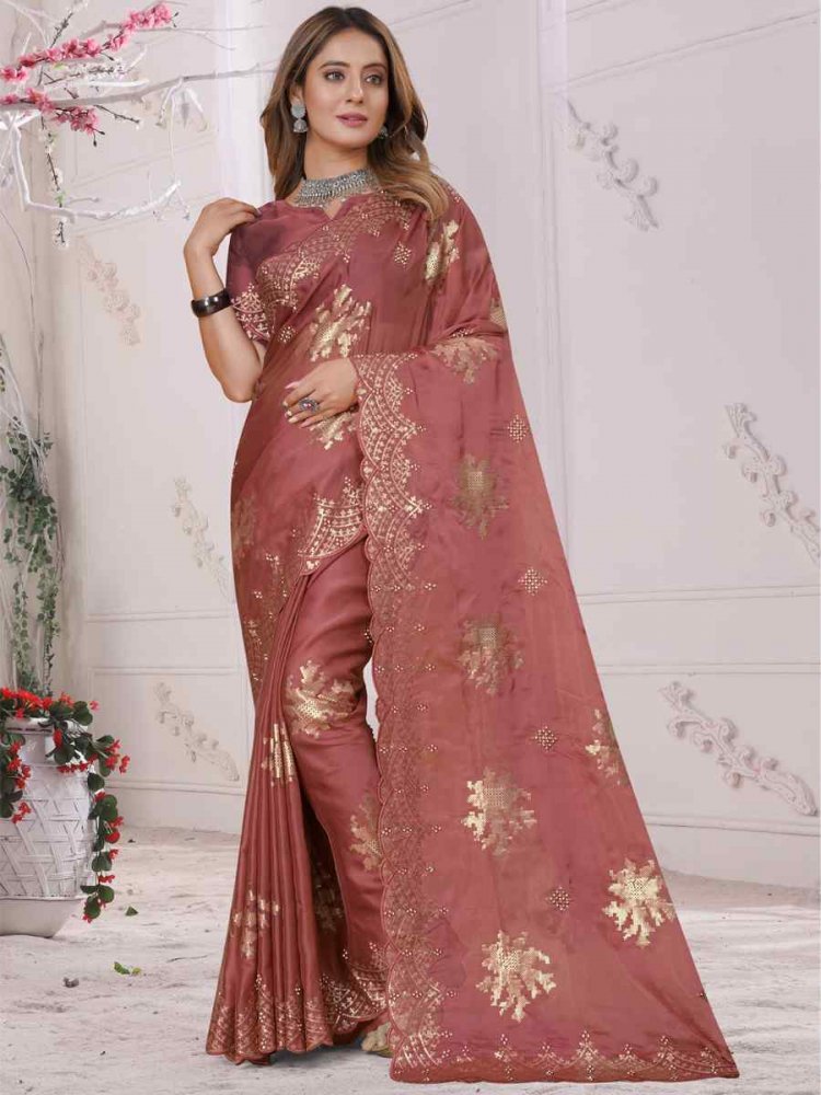 Rose Peach Organza Soft Silk Embroidered Festival Party Heavy Border Saree