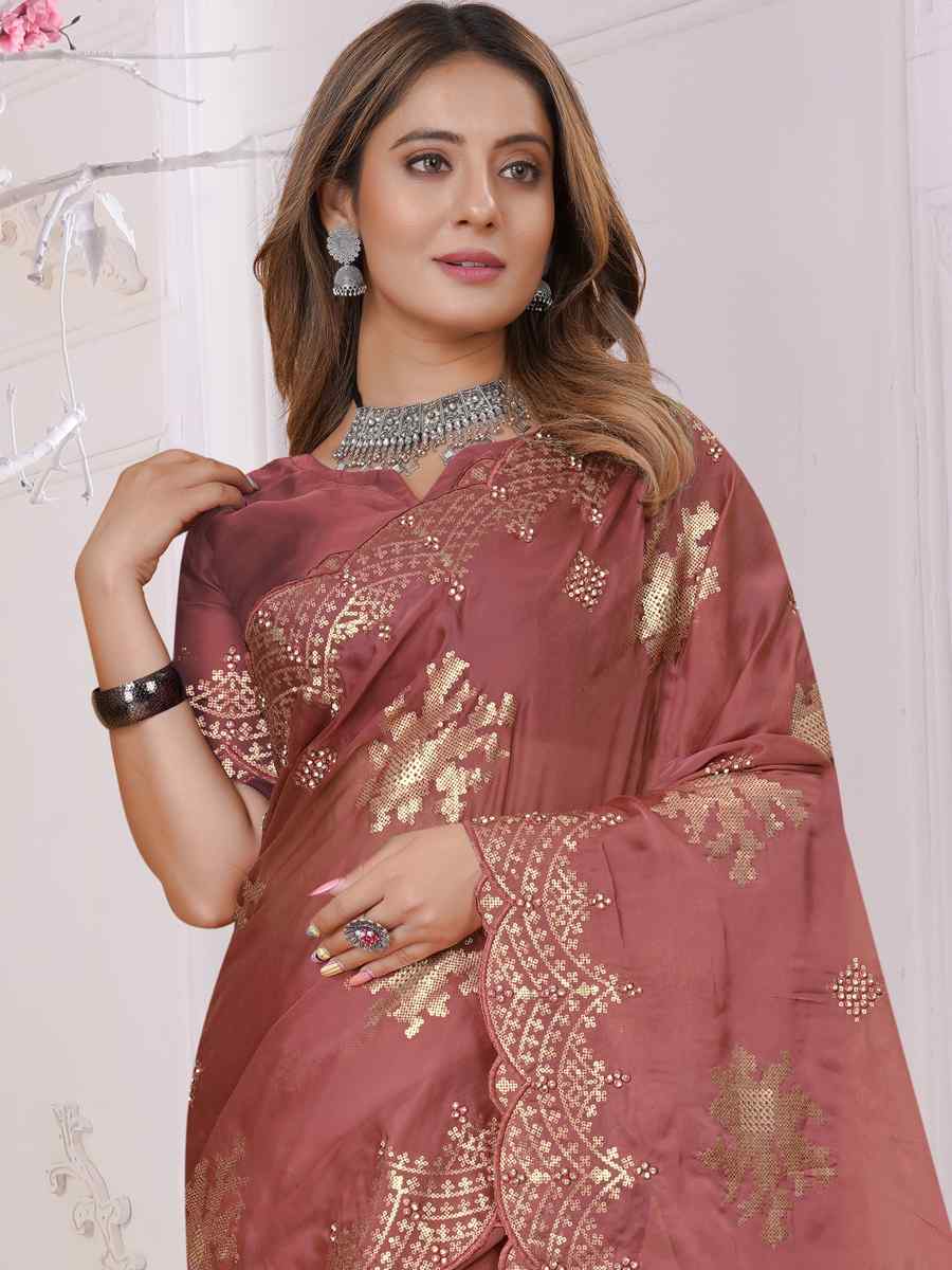 Rose Peach Organza Soft Silk Embroidered Festival Party Heavy Border Saree