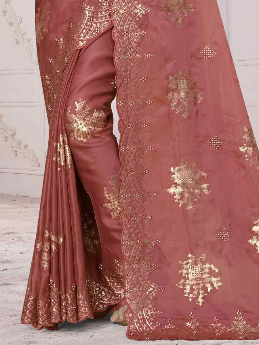 Rose Peach Organza Soft Silk Embroidered Festival Party Heavy Border Saree