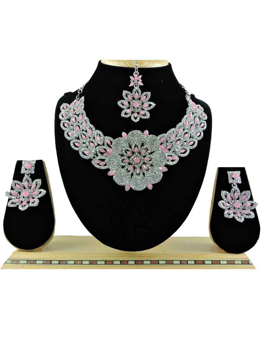 Rose Pink Alloy Festival Wear Diamonds Necklace
