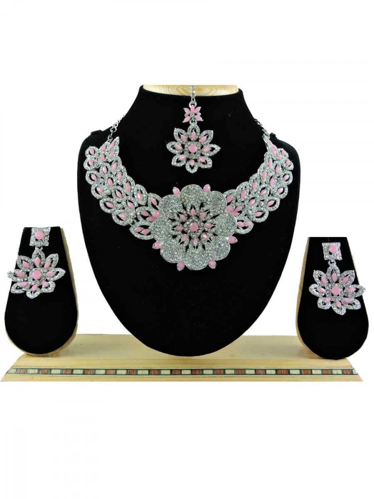 Rose Pink Alloy Festival Wear Diamonds Necklace
