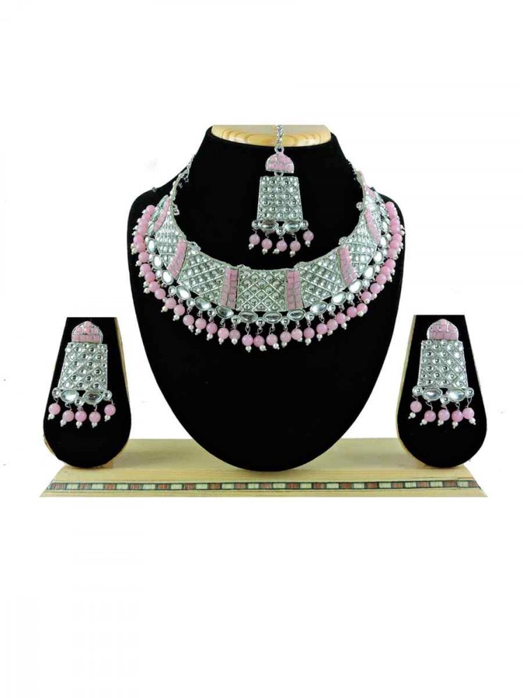 Rose Pink Alloy Festival Wear Diamonds Necklace