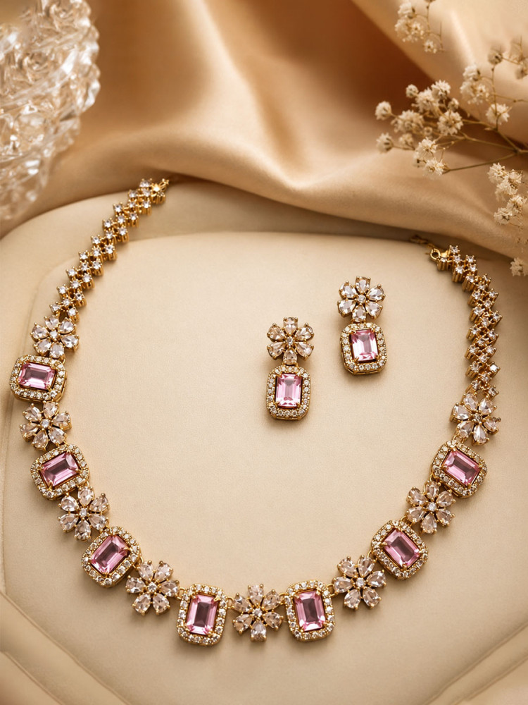 Image of Rose Pink Alloy Gemstone Diamond Wedding Party Festival Wear Necklace Set With Earrings