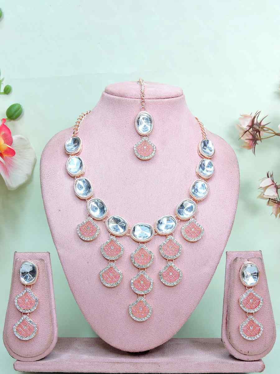 Rose Pink Alloy Metal Festival Wear Kundan Necklace